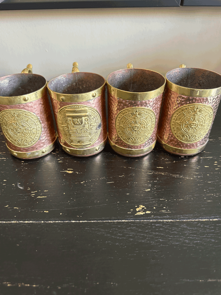 Tasses Mexicaines Cuivre et Laiton Calendrier Aztèque