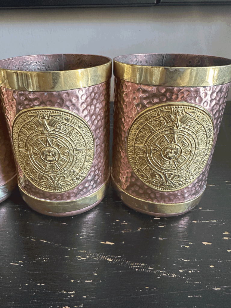Tasses Mexicaines Cuivre et Laiton Calendrier Aztèque