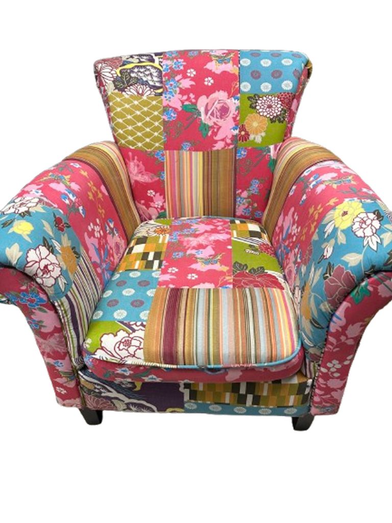 Fauteuil ALIÉNOR tissu bohème multicolore pieds bois noir