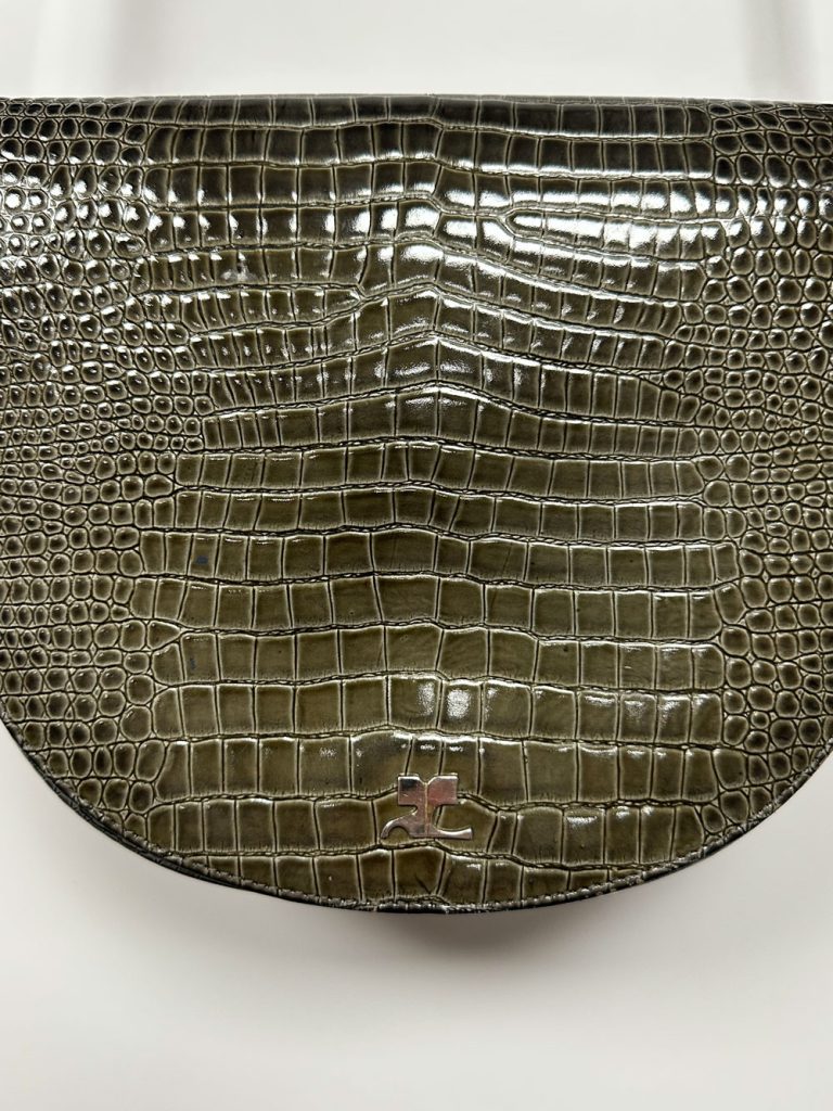 Sac Courrèges cuir croco vert vintage