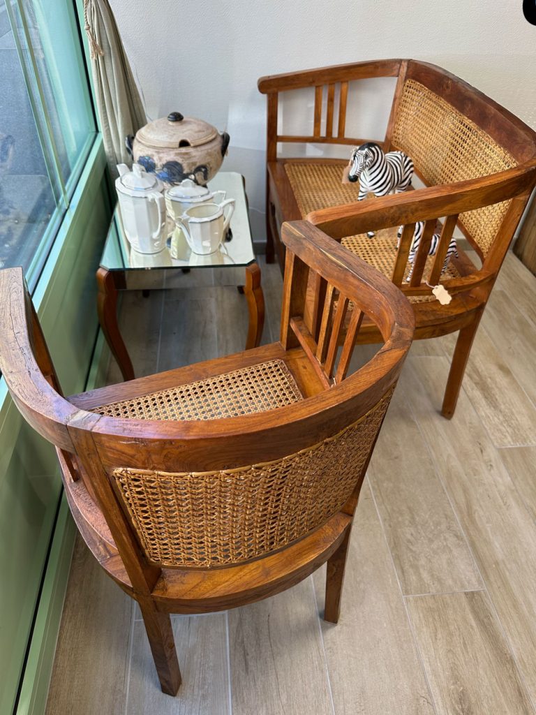 ensemble fauteuil et banquette bois et cannage art déco