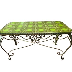 table basse verte fer forgé et faïence