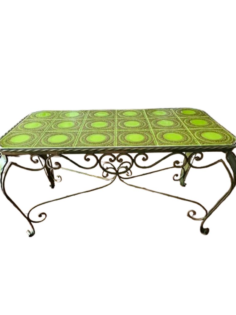 table basse verte fer forgé et faïence