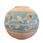 vase boule grès beige turquoise seconde main