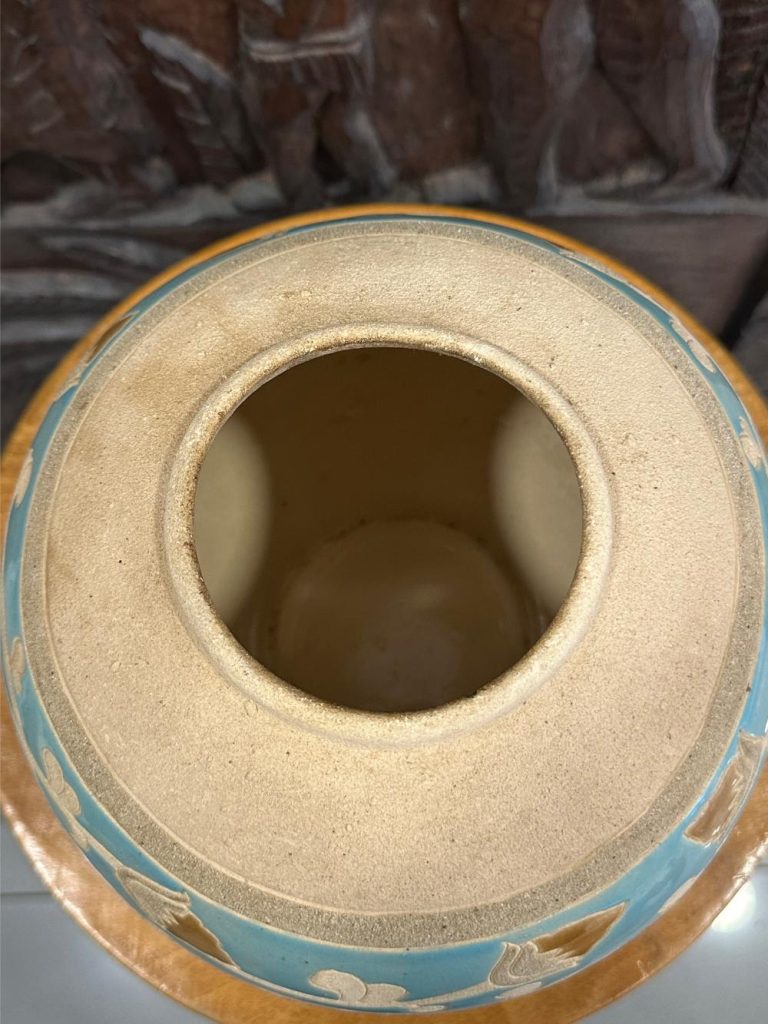 vase boule grès beige turquoise brocante en ligne