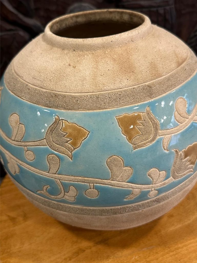 vase boule grès beige turquoise brocante en ligne seconde âme